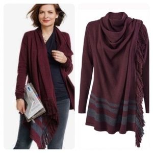 CAbi Port Wine Fringe Wrap Cardigan L
